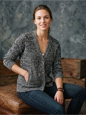WSS Knitwear Womens Medium Cardigan Black White Acrylic Textured Rare Luxury